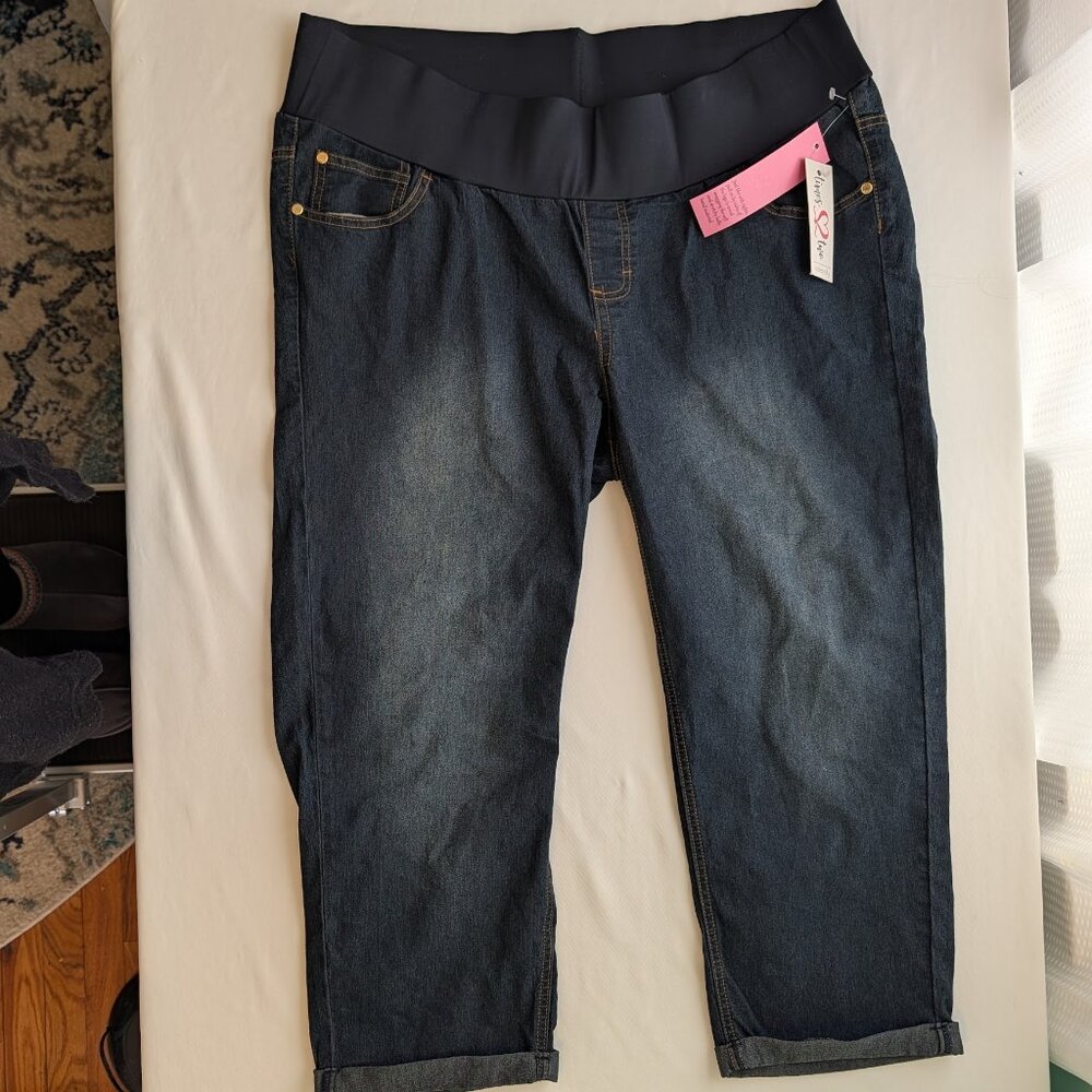 Maternity Jeans 1X Dark Wash Cropped Capri Cuffed Pull On Belly Band (XL) NWT